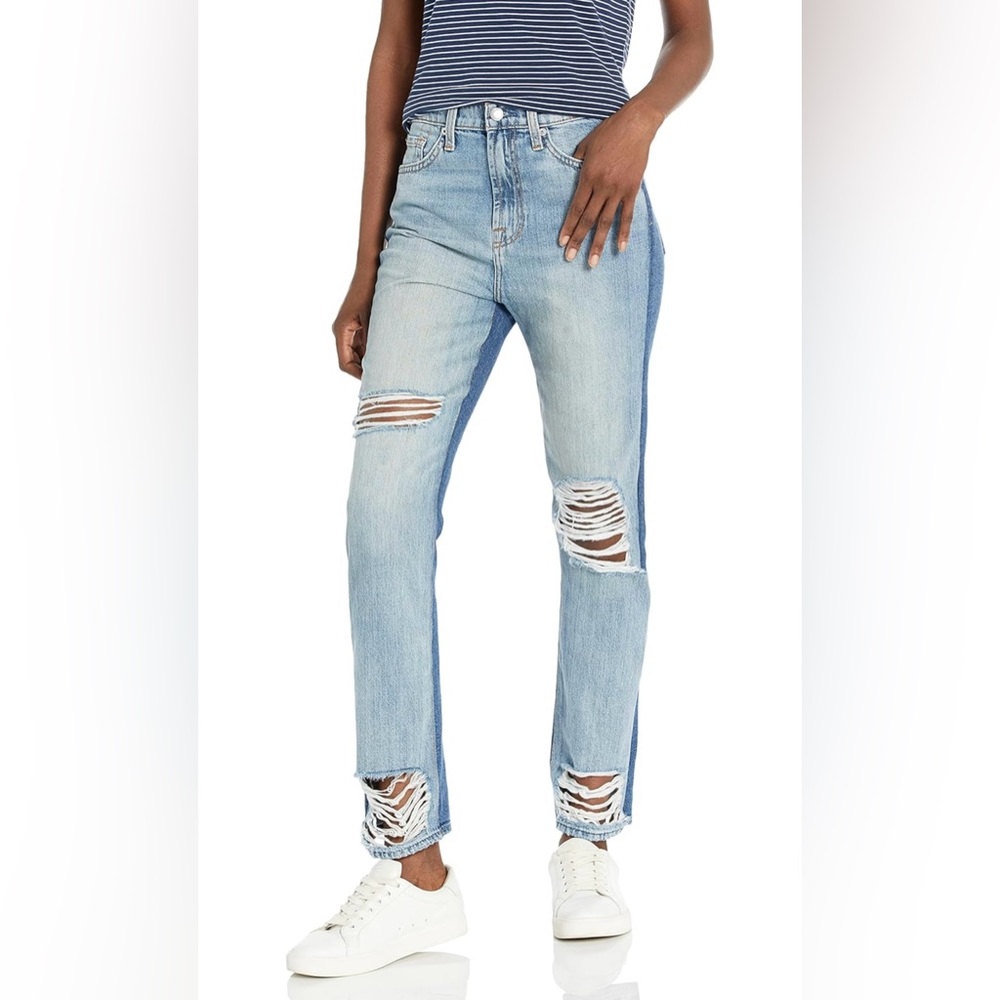 7 For All Mankind Women's Straight Fit Ankle Distressed Ripped Jeans-50/50 Denim